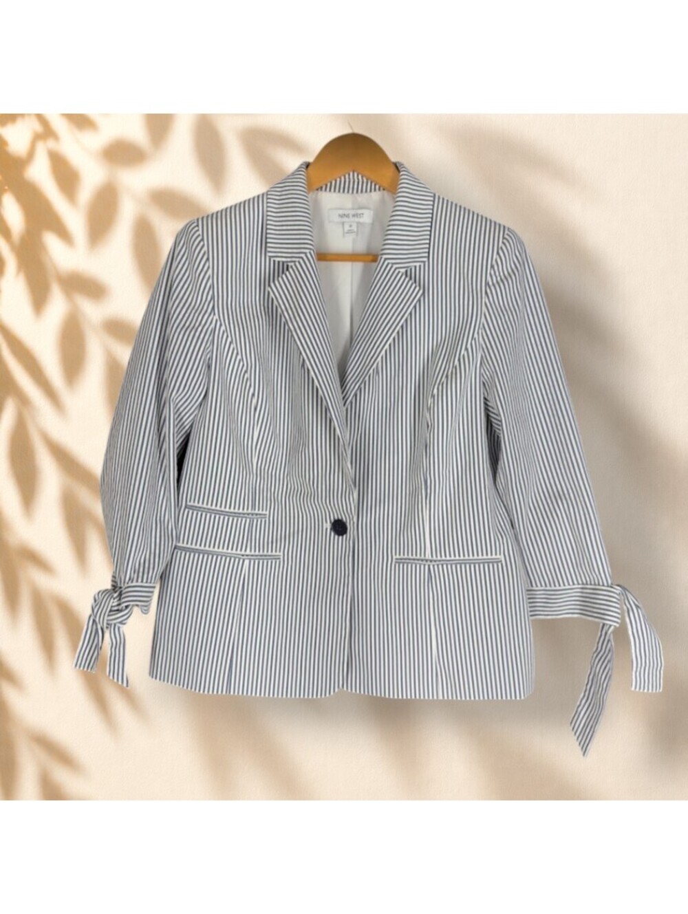 Nine West Blazer Women 10 White Striped One Button 3/4 Sleeve Collared Pockets